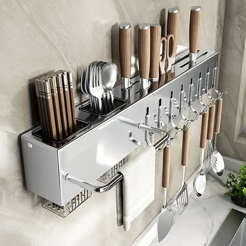 Multifunctional Stainless Steel Wall Mounted Storage Rack, Integrated Perforated Home Kitchen Storage Rack