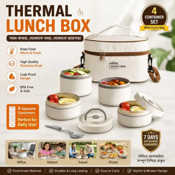 ( ৪ বাটি ) Thermal Lunch Box। ঠান্ডা খাবার আর খেতে হবে না