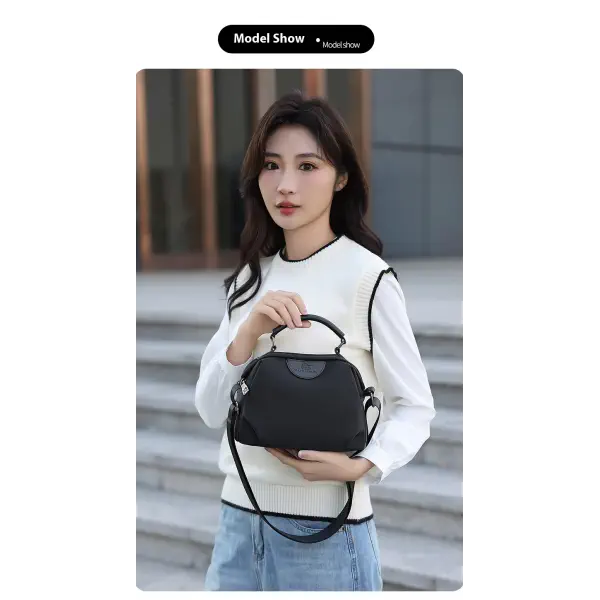  New Portable Nylon Cloth with Cowhide Shoulder Bag (Black)