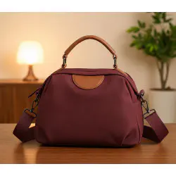 New Portable Nylon Cloth with Cowhide Shoulder Bag( Maroon)