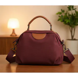 New Portable Nylon Cloth with Cowhide Shoulder Bag( Maroon)