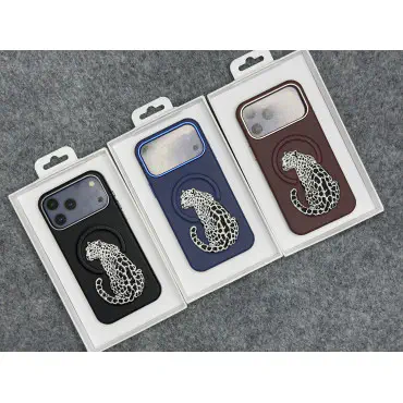 premium leather-texture phone case featuring an elegant embroidered leopard design