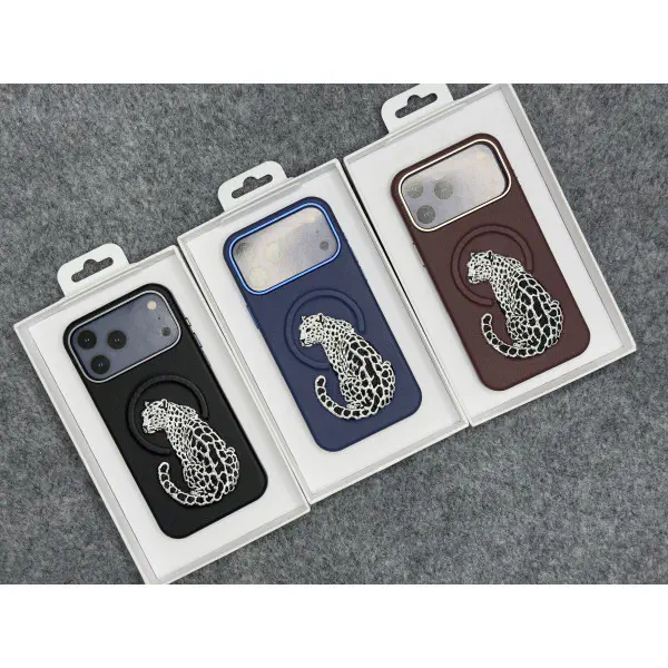 premium leather-texture phone case featuring an elegant embroidered leopard design