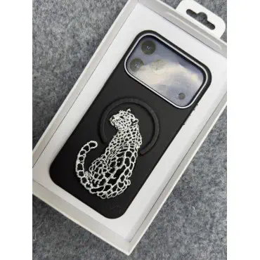 premium leather-texture phone case featuring an elegant embroidered leopard design