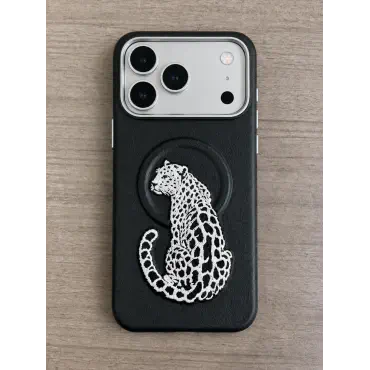 premium leather-texture phone case featuring an elegant embroidered leopard design
