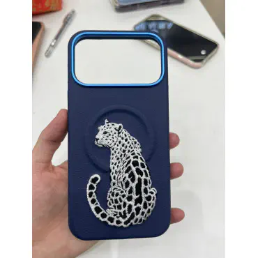 premium leather-texture phone case featuring an elegant embroidered leopard design