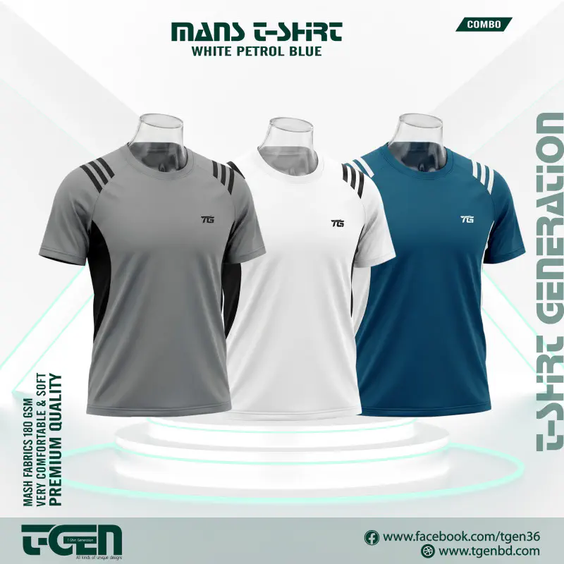 Mesh T-Shirt 3 Pcs Combo - Gray_White_Petrol