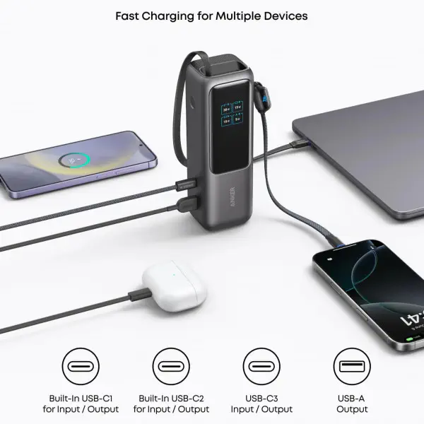 Anker Laptop Power Bank 25K mAh 165W, Built-In and Retractable Cables with Smart Display (A1695).