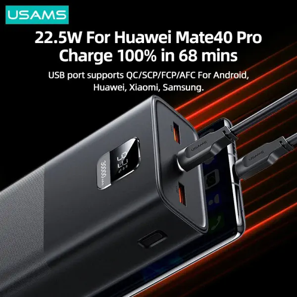 USAMS-AT 65W Yattu Series Fast Charging Kit 30000mAh Power Bank with PD 100W Type-C to Type-C Cable.