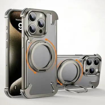 Creative Aluminum Metal Corner Bumper Frameless Phone Cover With Rotatable Ring Stand Phone Case for iPhone