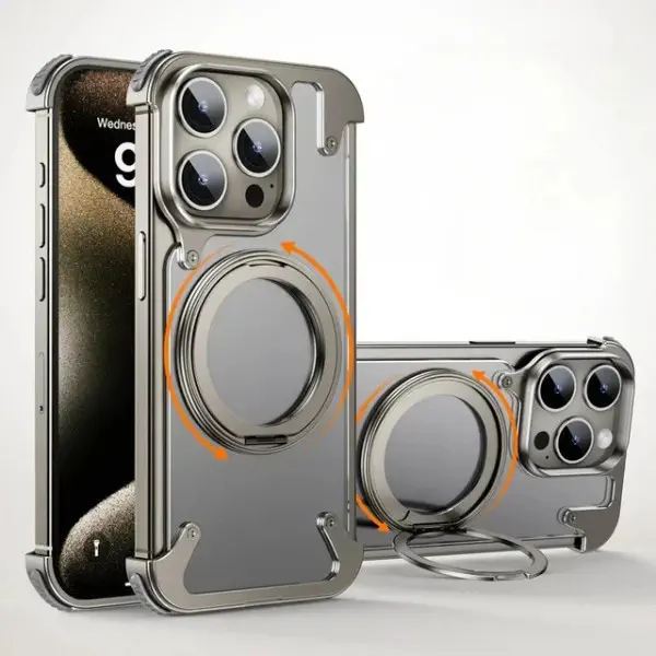 Creative Aluminum Metal Corner Bumper Frameless Phone Cover With Rotatable Ring Stand Phone Case for iPhone