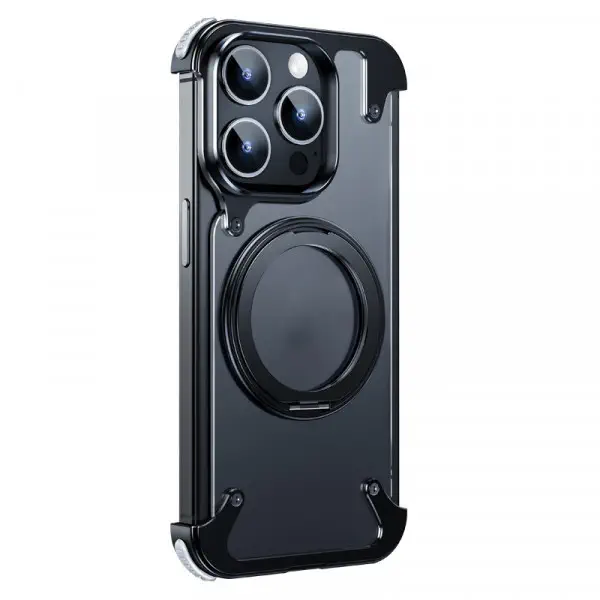 Creative Aluminum Metal Corner Bumper Frameless Phone Cover With Rotatable Ring Stand Phone Case for iPhone