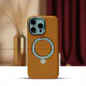 Luxury Leather Magnetic Wireless Charging Supported Metal Ring Stand Case For Iphone  16 To 16 Pro Max