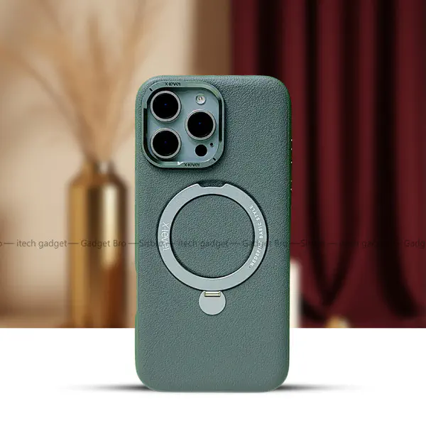 Luxury Leather Magnetic Wireless Charging Supported Metal Ring Stand Case For Iphone  16 To 16 Pro Max