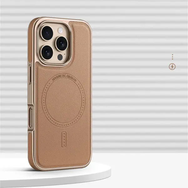 Luxury Business Plating Frame Leather Magnetic Wireless Charger Case for iPhone
