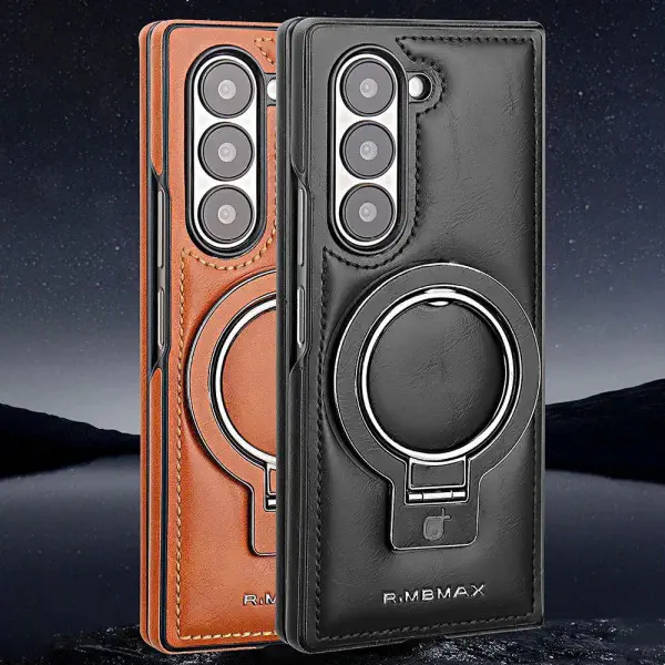 Luxury Leather Ring Holder Case for Samsung Z Fold 6/5/4 – Shockproof & Wireless Charging Compatible
